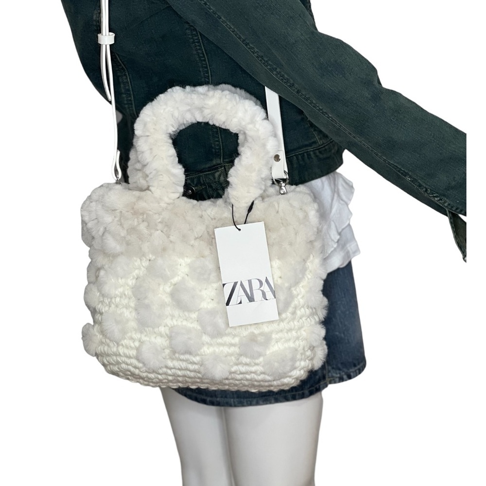 Zara Womens Crossbody Bag White Gray Woven Tote handles Fabric Faux Fur bag NWT